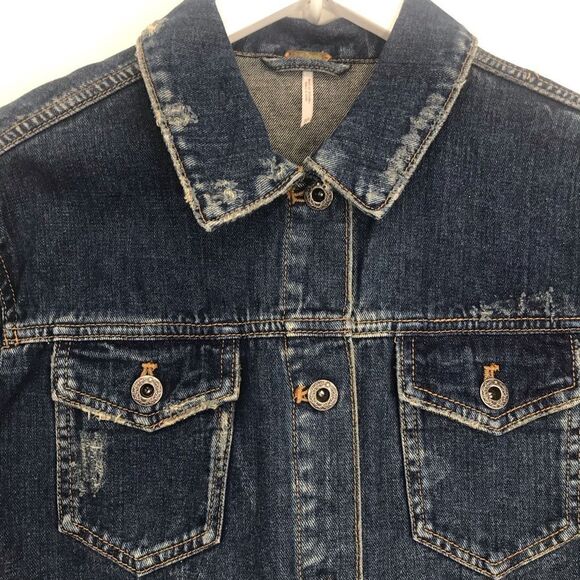 Free People Blue Cotton Denim Factory Distressed Button Crop Jacket - Picture 6 of 16